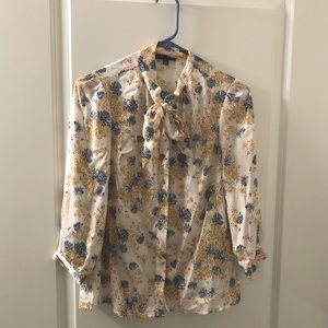 ModCloth Floral Silky Button Up Professional Blouse with Bow